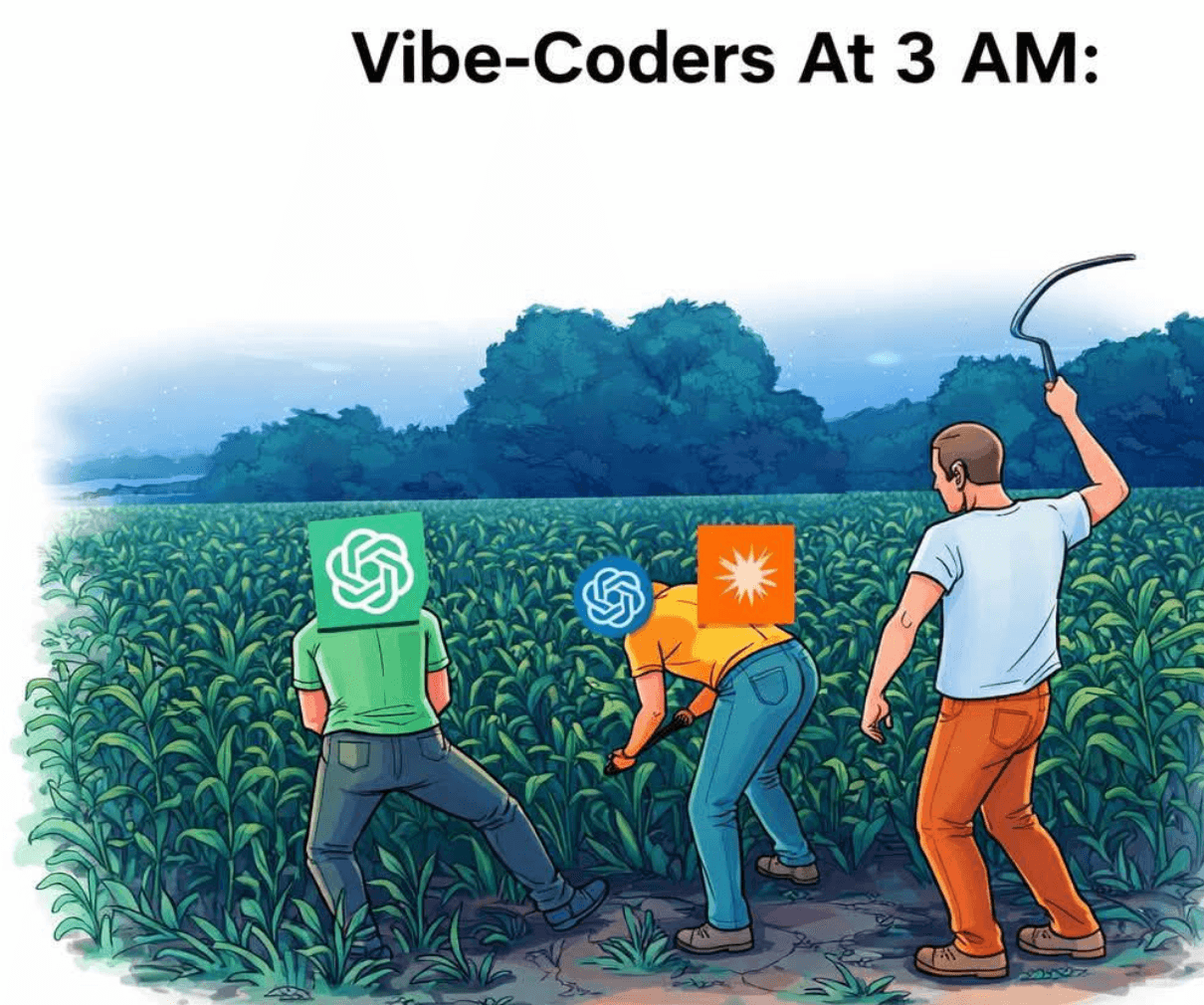 A meme captioned 'Vibe-Coders At 3 AM' showing three illustrated people working in a corn field at dusk. Their faces are covered with AI company logos (ChatGPT, OpenAI, and another model provider), and one wields a sickle, parodying late-night AI coding sessions.